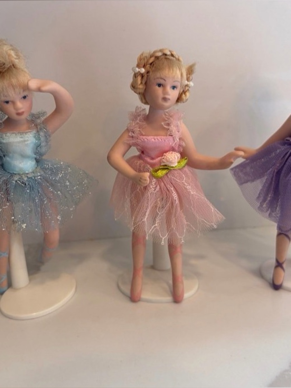 Set of 3 Vintage Miniature Porcelain Ballerina Dolls 5” with Display Stands
